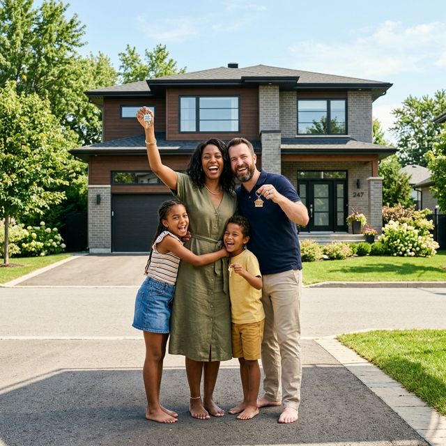 Happy family with home